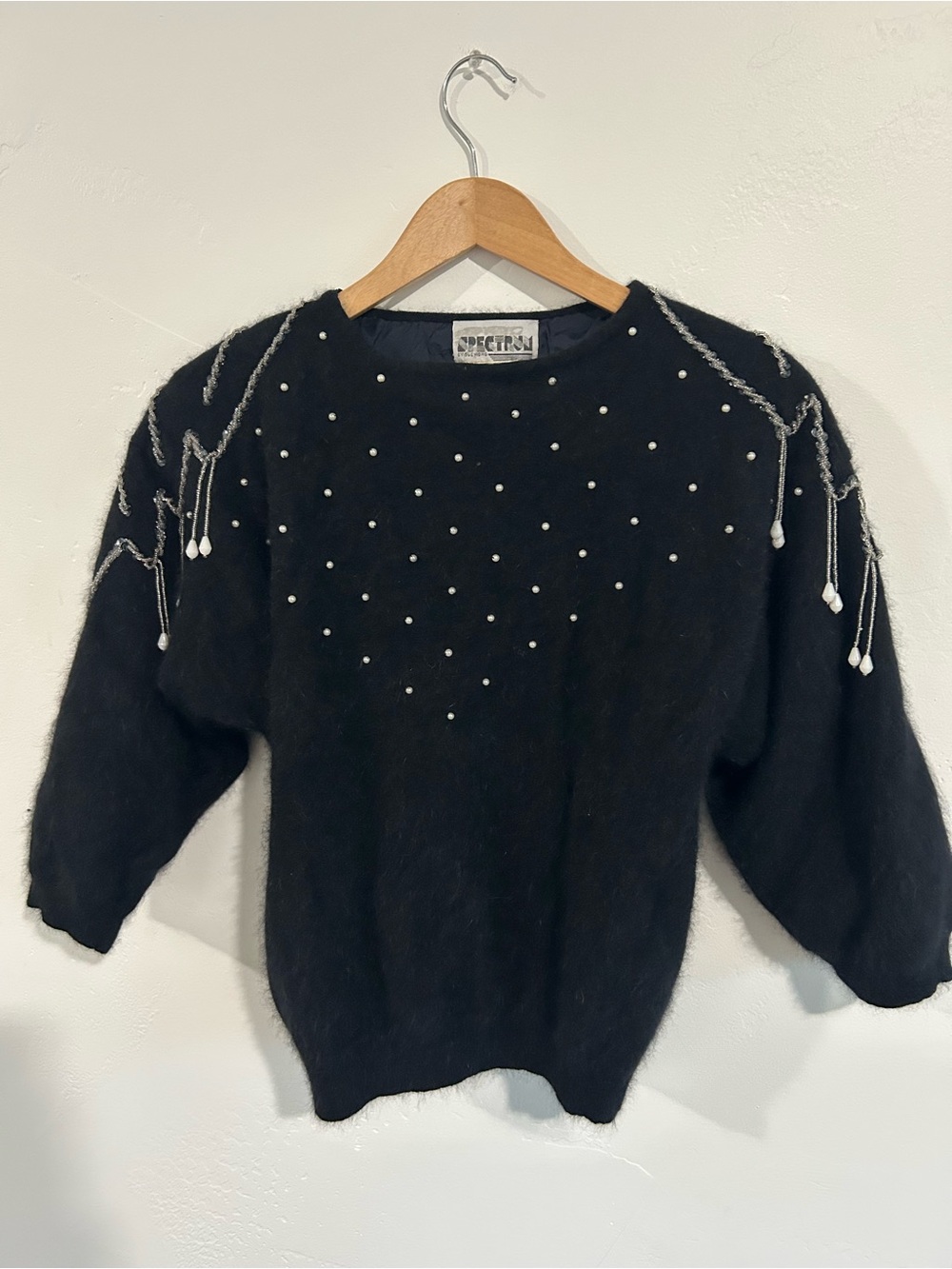 Sue Wong Black Crewneck Sweater with Pearl Accents